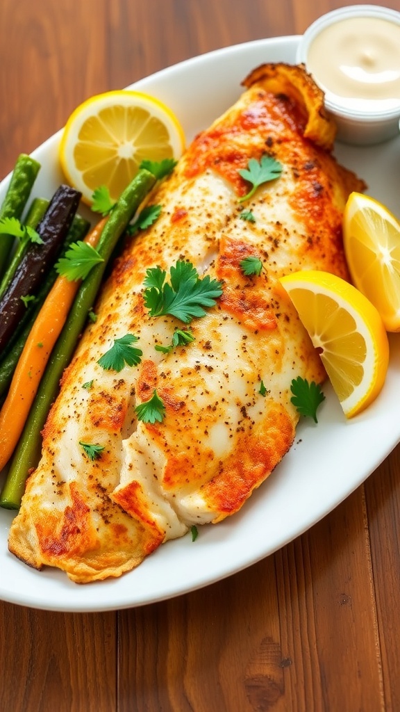 Crispy Air Fryer Baked Flounder Recipe Crispy air fryer baked flounder fillet garnished with parsley and lemon on a rustic table.